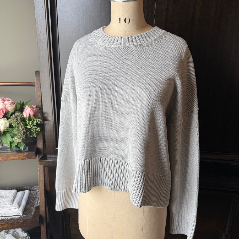 Everlane Crop Sweater Cotton The Boxy Crewneck Ribbed Hem Grey M Minimal - Picture 2 of 15
